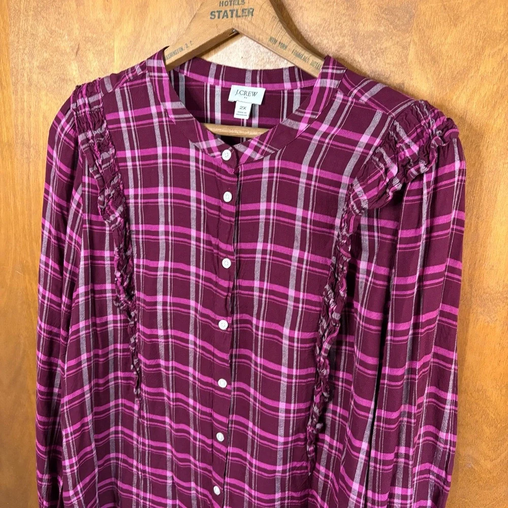 J. Crew Red Burgundy Plaid Ruffle Button Down Blouse Top 2X Office Preppy Boho